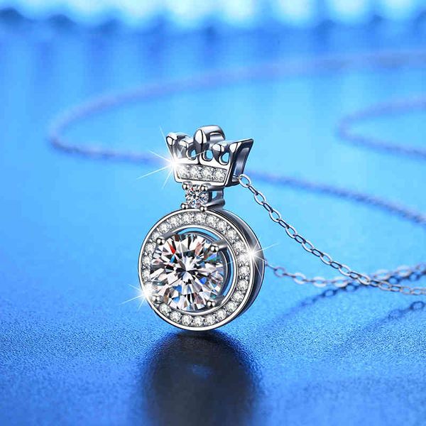

14k white round moissanite pure silver crown pendent necklace for women wedding engagement jewelry gift