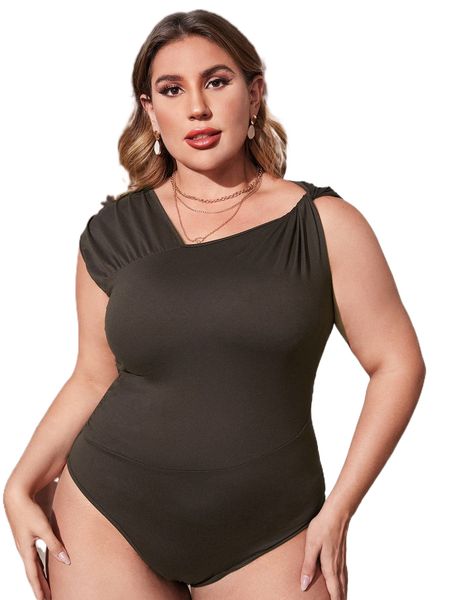 

plus twist ruched bodysuit r17p#, Black