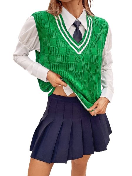 

contrast trim cricket sweater vest without & skirt t0gs#, White;black
