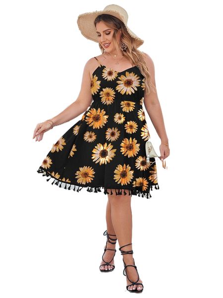 

plus allover floral print fringe hem cami dress h3ny#, Black