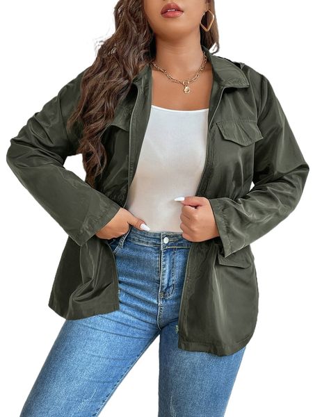 

plus elastic waist zipper hooded jacket q5d7#, Black
