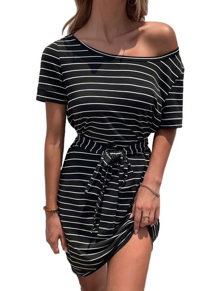 

striped belted tee dress v8v8#, Black;gray