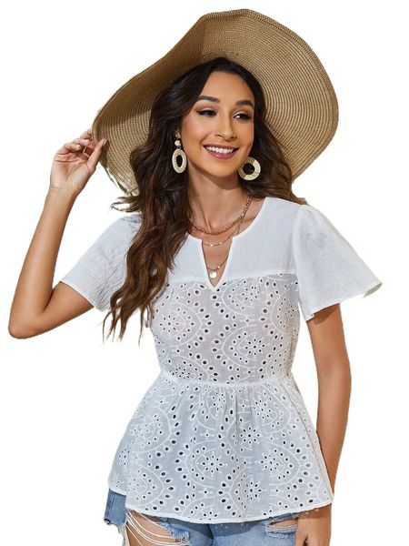 

notch neck flounce sleeve schiffy m2o7#, White