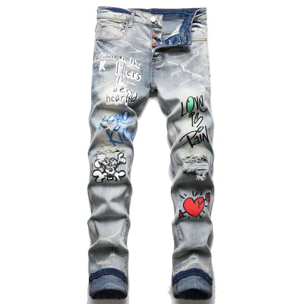 Jeans da uomo slim fit strappati stampati pantaloni denim da motociclista dritti pantaloni hip-hop da uomo azzurri di grandi dimensioni per uomo