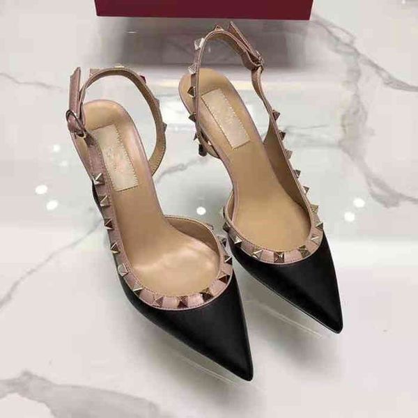 

2022 new summer rivet sandals women's pointed one-sided high-heeled shoes wrap head side empty sling women, Black