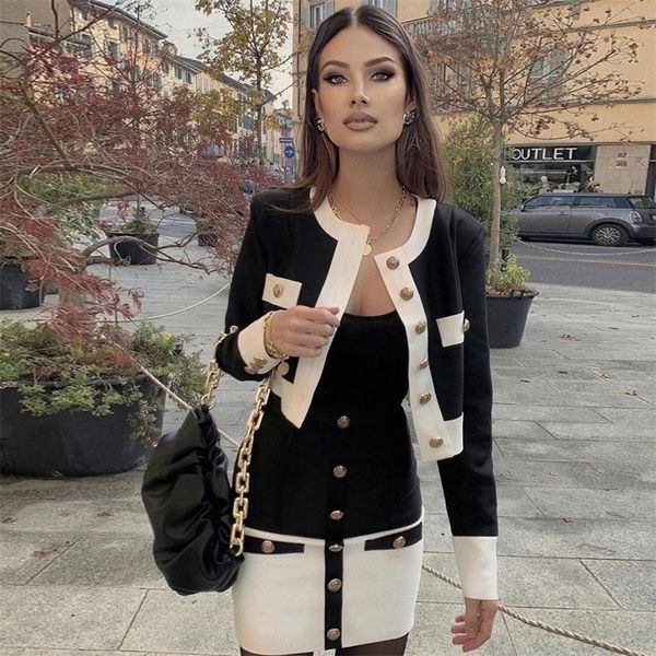 

women's autumn bodycon bandage button 2 two-piece set o-neck long-sleeved jacket + skirt party 220323, White