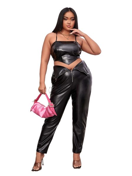 

sxy plus zip fly pu pants s9su#, Black