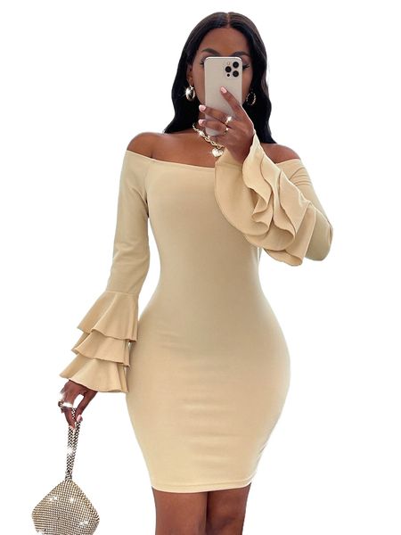 

off shoulder layered sleeve bodycon dress j8fb#, Black;gray
