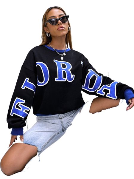 

letter graphic contrast trim drop shoulder sweatshirt v1ef#, Black