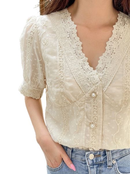 

dazy swiss dot floral embroidery puff sleeve blouse o6bb#, White