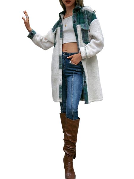 

simplee plaid pattern colorblock flap pocket teddy panel overcoat i3pi#, Black