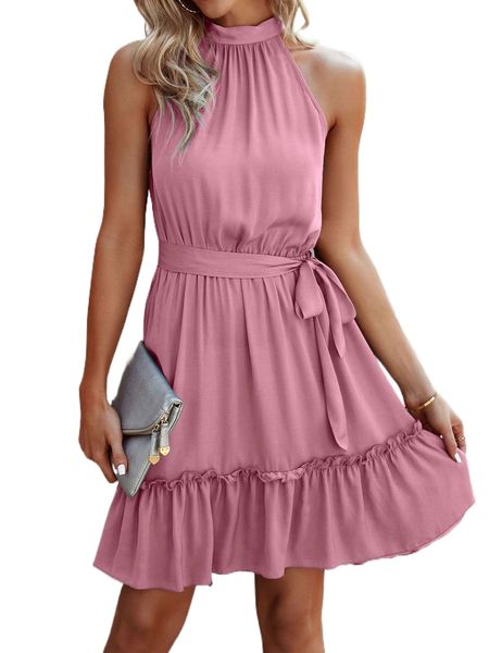 

halter neck ruffle hem belted dress a297#, Black;gray