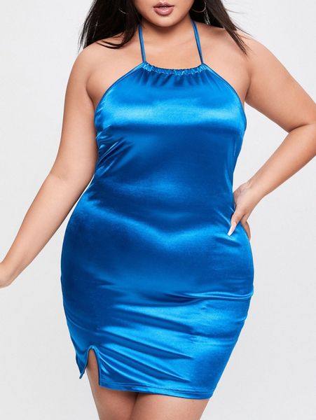 

plus tie backless split hem satin halter bodycon dress q9kf#, Black