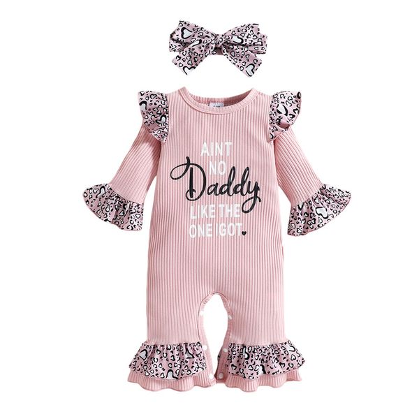 

lioraitiin 0-18m born infant 2pcs baby girls outfit letter leopard print o-neck flare sleeves jumpsuit headband 220525, Blue