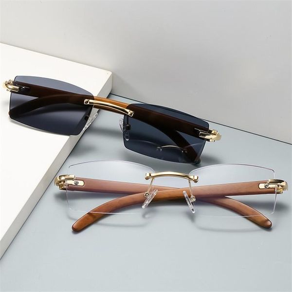 Sonnenbrille mit quadratischem Rahmen, Retro-Randlose Brille, Herren-Ozean-Teil getrimmt, Damen-Sonnenbrille mit Holzmaserung, Bügeln, UV400