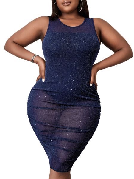 

sxy plus solid sheer sleeveless ruched mesh dress y3eq#, Black