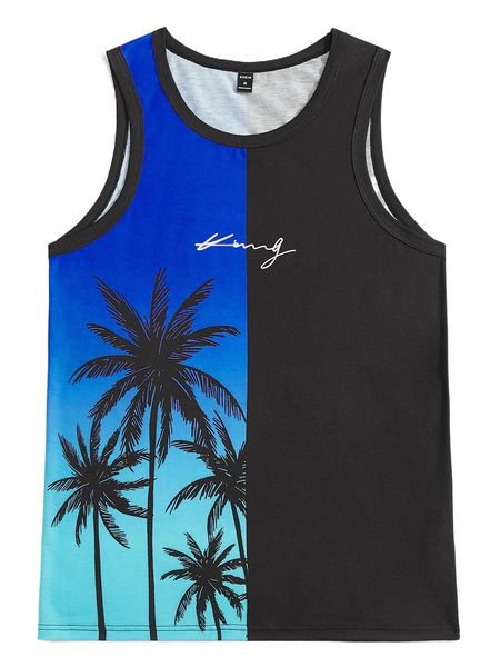 

men letter & coconut tree print colorblock tank r4bw#, White;black