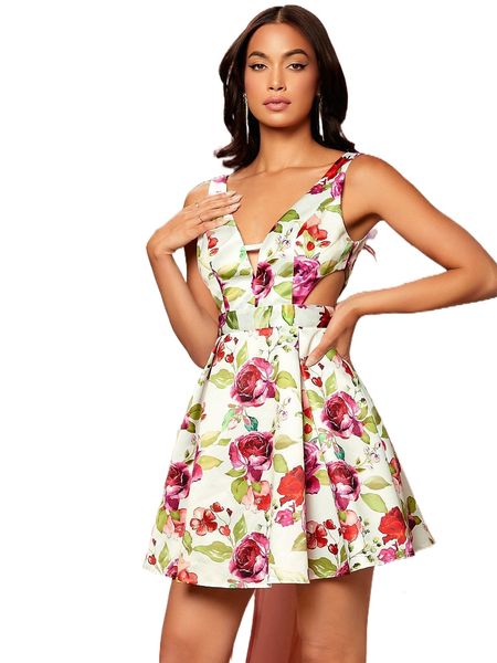 

cut out side backless allover floral print dress y0ms#, Black;gray