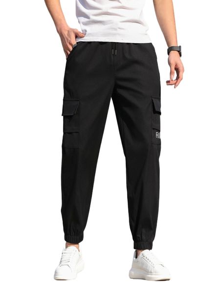 

men letter embroidery flap pocket drawstring cargoÂ pants 54rj#, Black