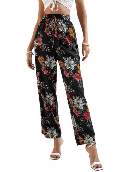

floral print tie waist pants m9mq#, Black;white