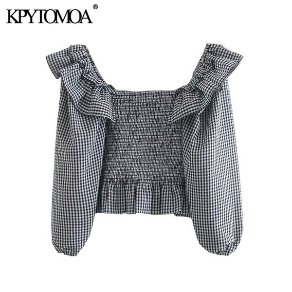 

kpytomoa women fashion elastic smocked ruffled cropped blouses vintage lantern sleeve plaid female shirts blusas chic 210226, Black;gray