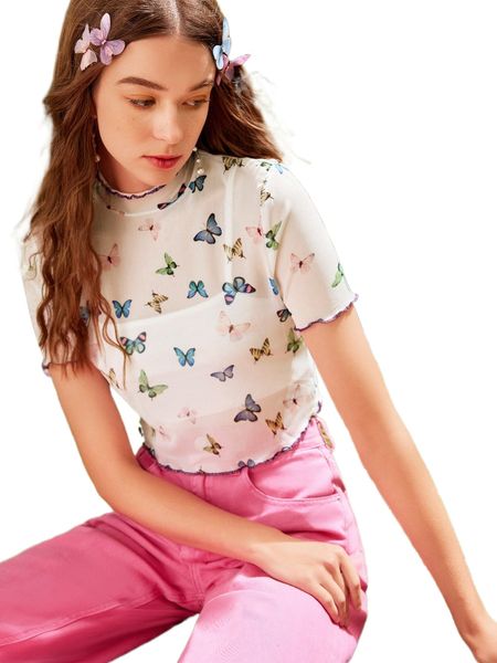 

butterfly print lettuce trim mock neck tee & crop cami r1tz#, White
