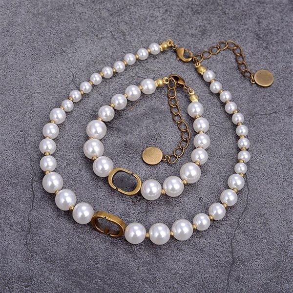 

fashion jewelry sets women luxury designer bracelet necklaces pearl choker with letter d stamps brass beads chain for party gift h274a, Silver