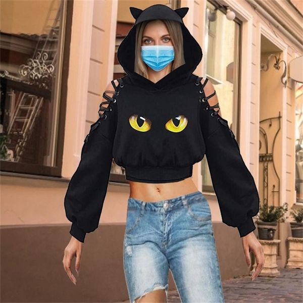 

women long sleeve hoodies kawaii cat ears hoodie gothic punk harajuku cold shouler bandage gothic black sweatshirts 220812