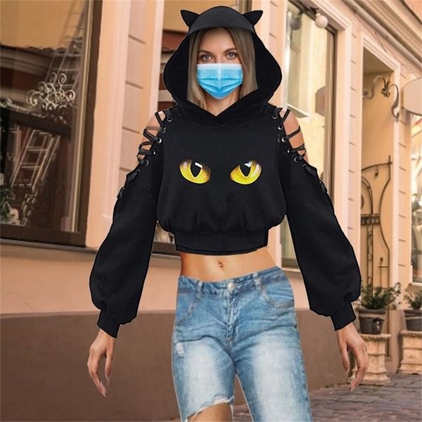 Frauen Langarm Hoodies Kawaii Katze Ohren Hoodie Gothic Punk Harajuku Kalt Shouler Verband Gothic Schwarz Sweatshirts 220812