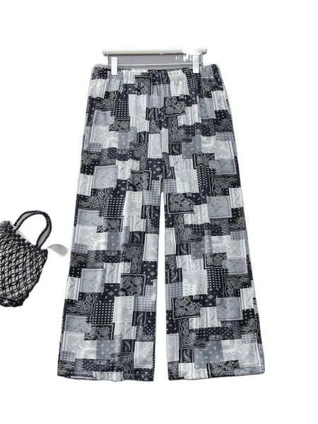 

plus patchwork print wide leg pants i8ci#, Black