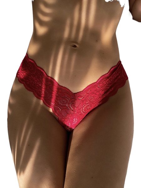 

floral lace scallop trim panty r5w6#, Black;red