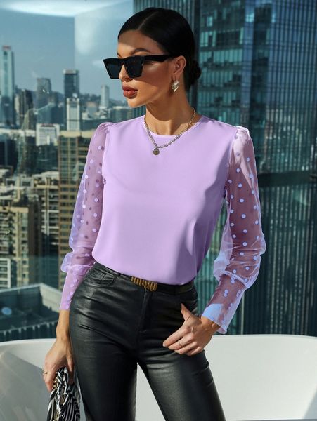 

dobby mesh panel blouse b2b7#, White