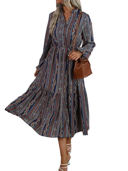 

paisley print notched neck dress k5lu#, Black;gray
