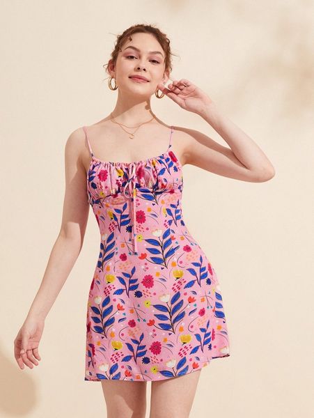 

x queen aubergine floral tie front cami dress f1gn#, Black;gray