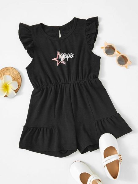 

toddler girls star and slogan graphic ruffle trim keyhole back romper she, Blue