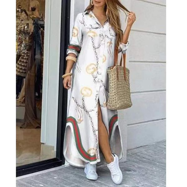 

autumn long dress long sleeve shirt women's denim long dress pocket button shirt printing casual loose dress, Black;gray