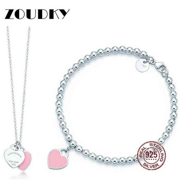

heart dorapang shaped bracelet & necklace 100% 925 sterling silver pink pendant simple design for women elegant gift jewelry236c