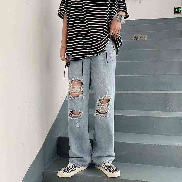 

summer blue ripped jeans men fashion casual straight jeans men streetwear loose hip hop hole denim pants mens trousers s-3xl t220726