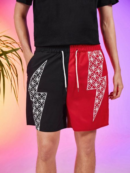 

romwe guys colorblock graphic print shorts 83tb#, White;black