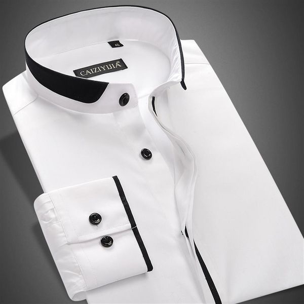 

whole-2020 fashion mandarin collar men dress shirt long sleeve solid party white black male casual shirts plus size220z