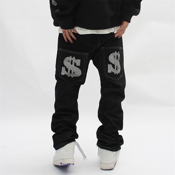 

back dollar print bronzing jeans for mem harajuku streetwear straight retro ripped casual denim trousers baggy washed jean pants 220804, Blue