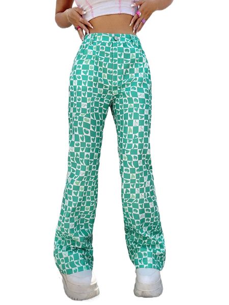 

heart & geo print flare leg pants 90qk#, Black;white