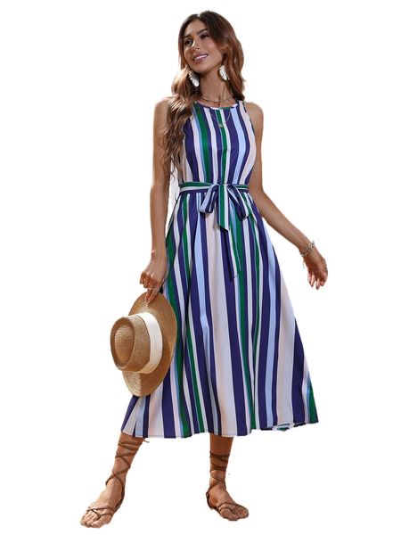 

colorful striped sleeveless belted dress e07w#, Black;gray