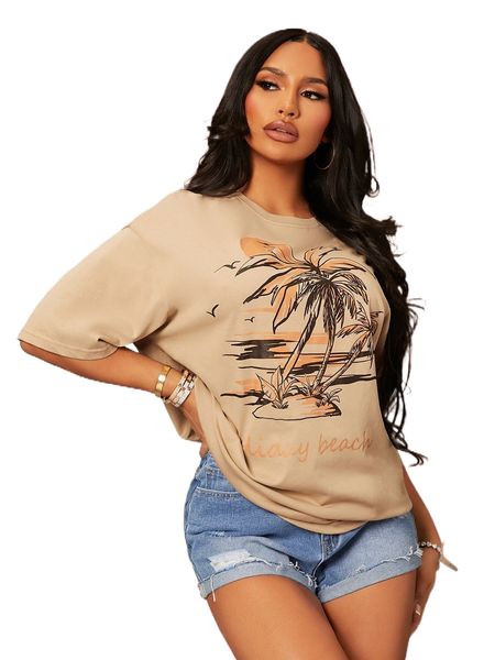 

sxy drop shoulder letter & coconut tree pattern tee p2xc#, White