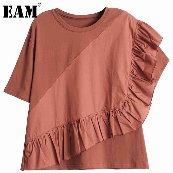 

women black casual asymmetrical ruffles spliced tshirt round neck short sleeve fashion spring summer 1dd8442 210512, White