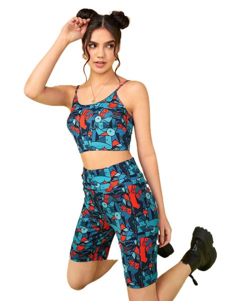 

x eduvismo art geo print crop cami & biker shorts y5y6#, White