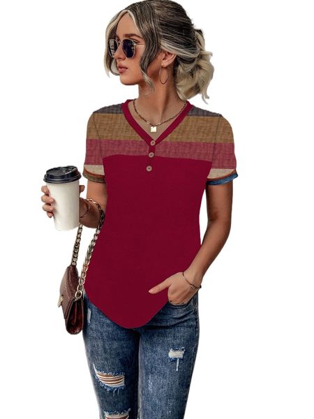 

stripe button front v neck tee i6xz#, White