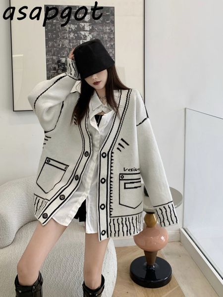 

retro temperament loose v neck graffiti cardigan knitted jacket long autumn winter knitted sweaters fashion casual pull, White;black