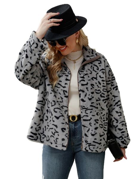 

plus leopard print drop shoulder fuzzy jacket k6d0#, Black
