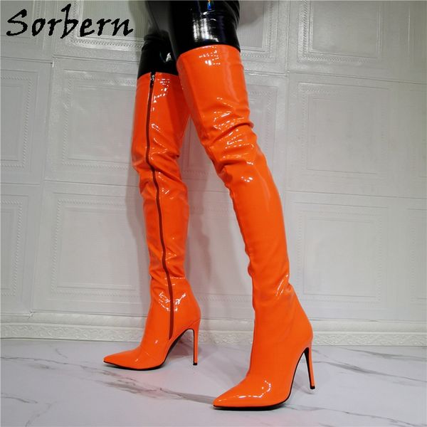 

sorbern multi colors noen women boots thigh high pointed toe high heel stilettos full zipper customized size eu33-48, Black